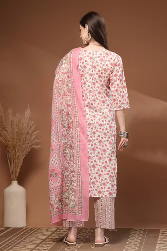 Off white floral printed cotton stitched kurta set with palazzo & dupatta for women