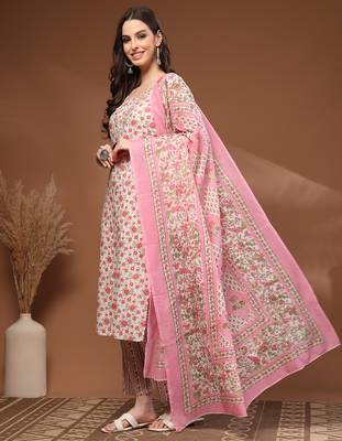 Off white floral printed cotton stitched kurta set with palazzo & dupatta for women 3