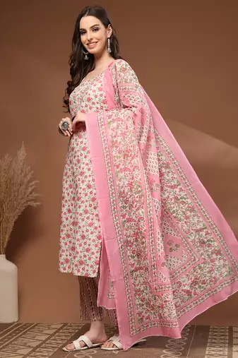 Off white floral printed cotton stitched kurta set with palazzo & dupatta for women