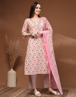 Off white floral printed cotton stitched kurta set with palazzo & dupatta for women 4