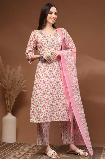 Off white floral printed cotton stitched kurta set with palazzo & dupatta for women