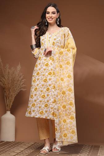 Off white floral printed cotton stitched kurta set with palazzo & dupatta for women