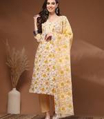 Off white floral printed cotton stitched kurta set with palazzo & dupatta for women