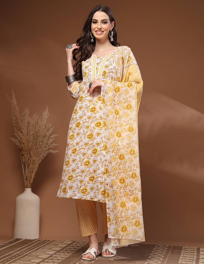 Off white floral printed cotton stitched kurta set with palazzo & dupatta for women
