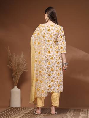 Off white floral printed cotton stitched kurta set with palazzo & dupatta for women 2