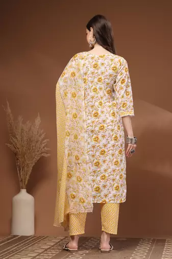 Off white floral printed cotton stitched kurta set with palazzo & dupatta for women