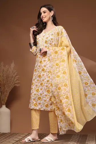 Off white floral printed cotton stitched kurta set with palazzo & dupatta for women