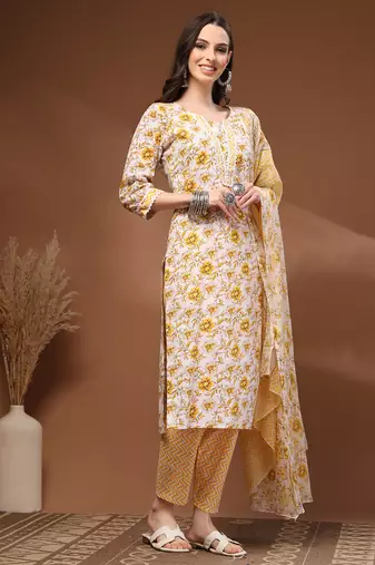 Off white floral printed cotton stitched kurta set with palazzo & dupatta for women