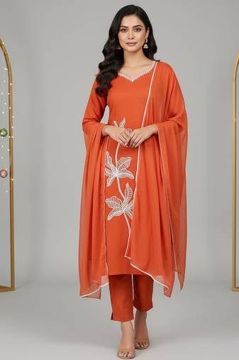 Orange floral printed cotton stitched kurta set with palazzo & dupatta for women