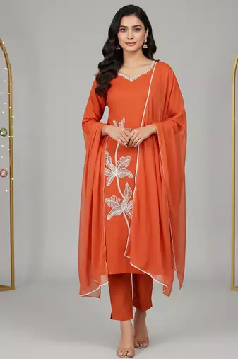Orange floral printed cotton stitched kurta set with palazzo & dupatta for women