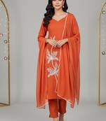 Orange floral printed cotton stitched kurta set with palazzo & dupatta for women
