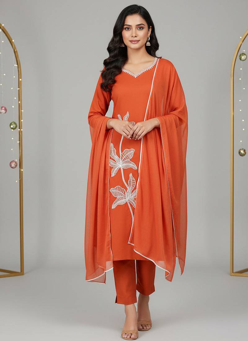 Orange floral printed cotton stitched kurta set with palazzo & dupatta for women