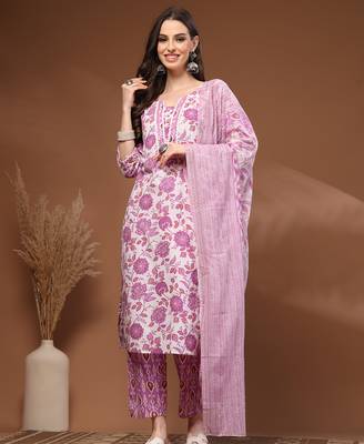 White floral printed cotton stitched kurta set with palazzo & dupatta for women 1