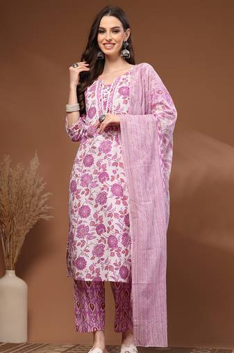 White floral printed cotton stitched kurta set with palazzo & dupatta for women