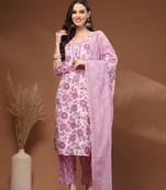 White floral printed cotton stitched kurta set with palazzo & dupatta for women