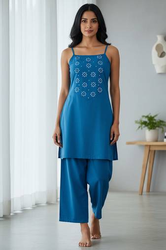 Blue floral printed cotton stitched co-ord set for women