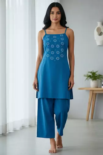 Blue floral printed cotton stitched co-ord set for women