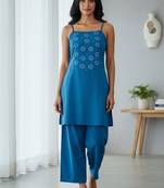 Blue floral printed cotton stitched co-ord set for women
