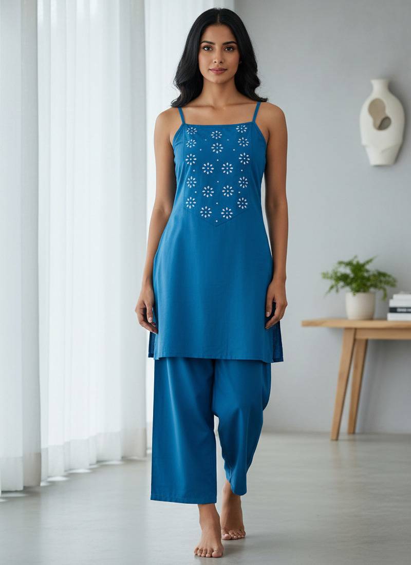 Blue floral printed cotton stitched co-ord set for women