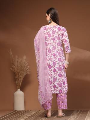 White floral printed cotton stitched kurta set with palazzo & dupatta for women 2
