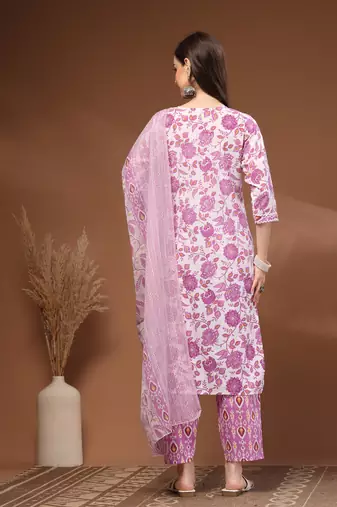 White floral printed cotton stitched kurta set with palazzo & dupatta for women