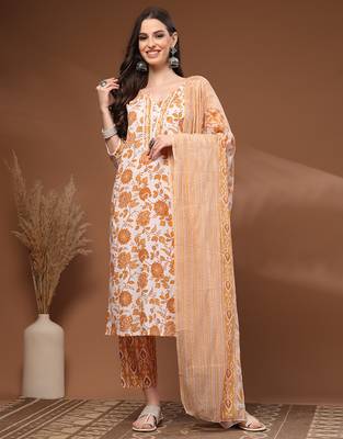 Mustard floral printed cotton stitched kurta set with palazzo & dupatta for women 1