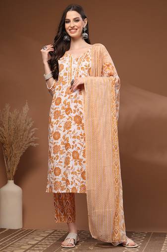 Mustard floral printed cotton stitched kurta set with palazzo & dupatta for women