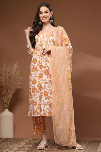 Mustard floral printed cotton stitched kurta set with palazzo & dupatta for women