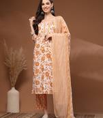 Mustard floral printed cotton stitched kurta set with palazzo & dupatta for women