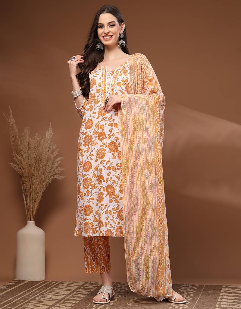 Mustard floral printed cotton stitched kurta set with palazzo & dupatta for women