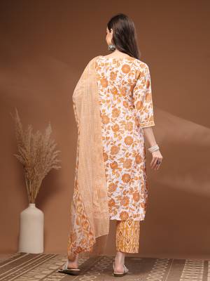 Mustard floral printed cotton stitched kurta set with palazzo & dupatta for women 2