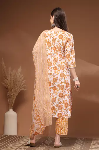 Mustard floral printed cotton stitched kurta set with palazzo & dupatta for women