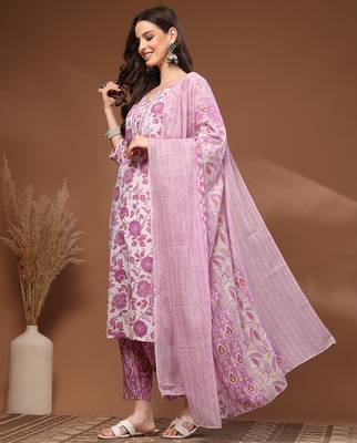 White floral printed cotton stitched kurta set with palazzo & dupatta for women 3