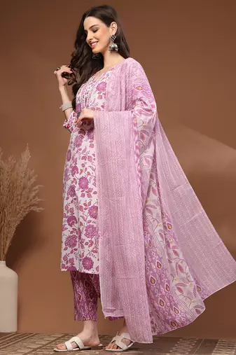 White floral printed cotton stitched kurta set with palazzo & dupatta for women