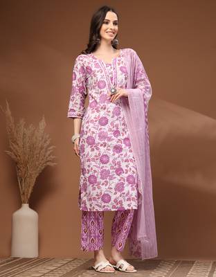 White floral printed cotton stitched kurta set with palazzo & dupatta for women 4