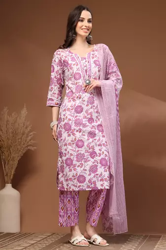 White floral printed cotton stitched kurta set with palazzo & dupatta for women