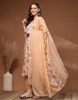 Mustard floral printed cotton stitched kurta set with palazzo & dupatta for women 3