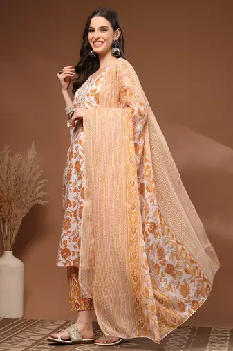 Mustard floral printed cotton stitched kurta set with palazzo & dupatta for women