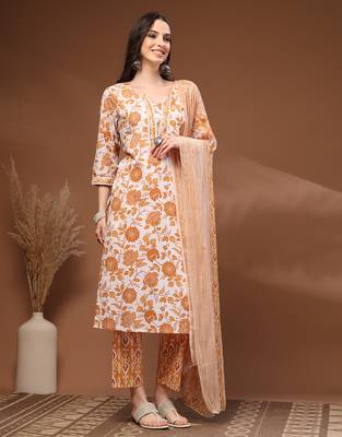 Mustard floral printed cotton stitched kurta set with palazzo & dupatta for women 4