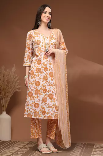 Mustard floral printed cotton stitched kurta set with palazzo & dupatta for women