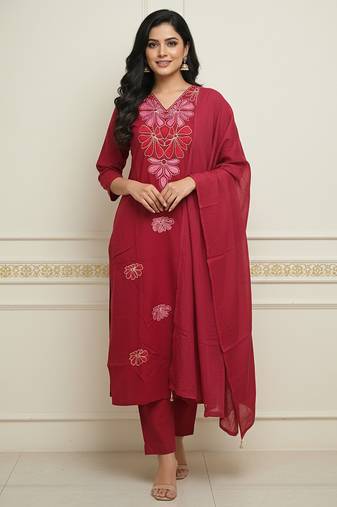 Maroon floral printed cotton stitched kurta set with palazzo & dupatta for women