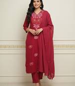 Maroon floral printed cotton stitched kurta set with palazzo & dupatta for women