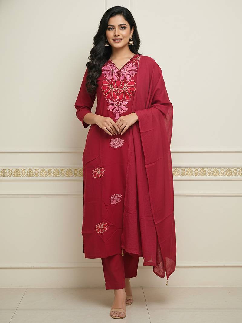Maroon floral printed cotton stitched kurta set with palazzo & dupatta for women