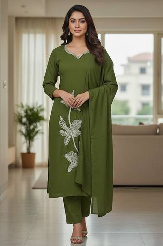 Olive floral printed cotton stitched kurta set with palazzo & dupatta for women