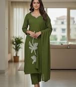 Olive floral printed cotton stitched kurta set with palazzo & dupatta for women