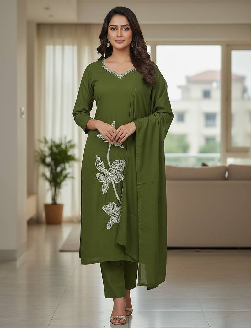 Olive floral printed cotton stitched kurta set with palazzo & dupatta for women