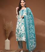 Off white floral printed cotton stitched kurta set with palazzo & dupatta for women