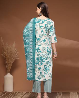 Off white floral printed cotton stitched kurta set with palazzo & dupatta for women 2