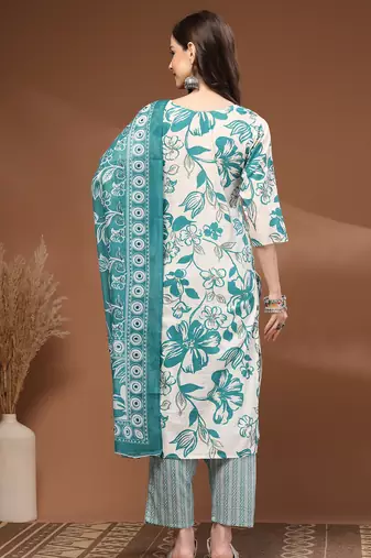 Off white floral printed cotton stitched kurta set with palazzo & dupatta for women