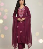 Maroon floral printed cotton stitched kurta set with palazzo & dupatta for women